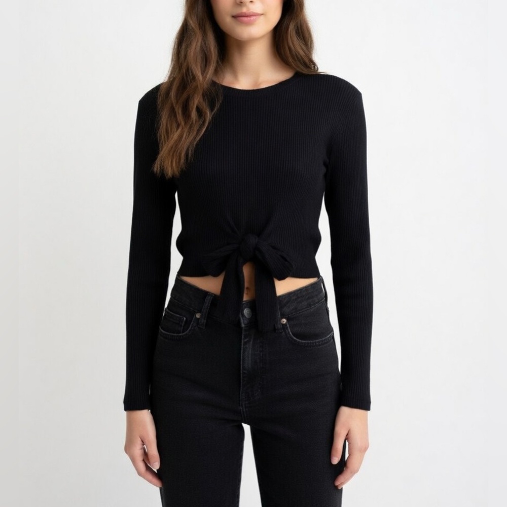 Zara Bow Tie Black Ribbed Long-Sleeve Top